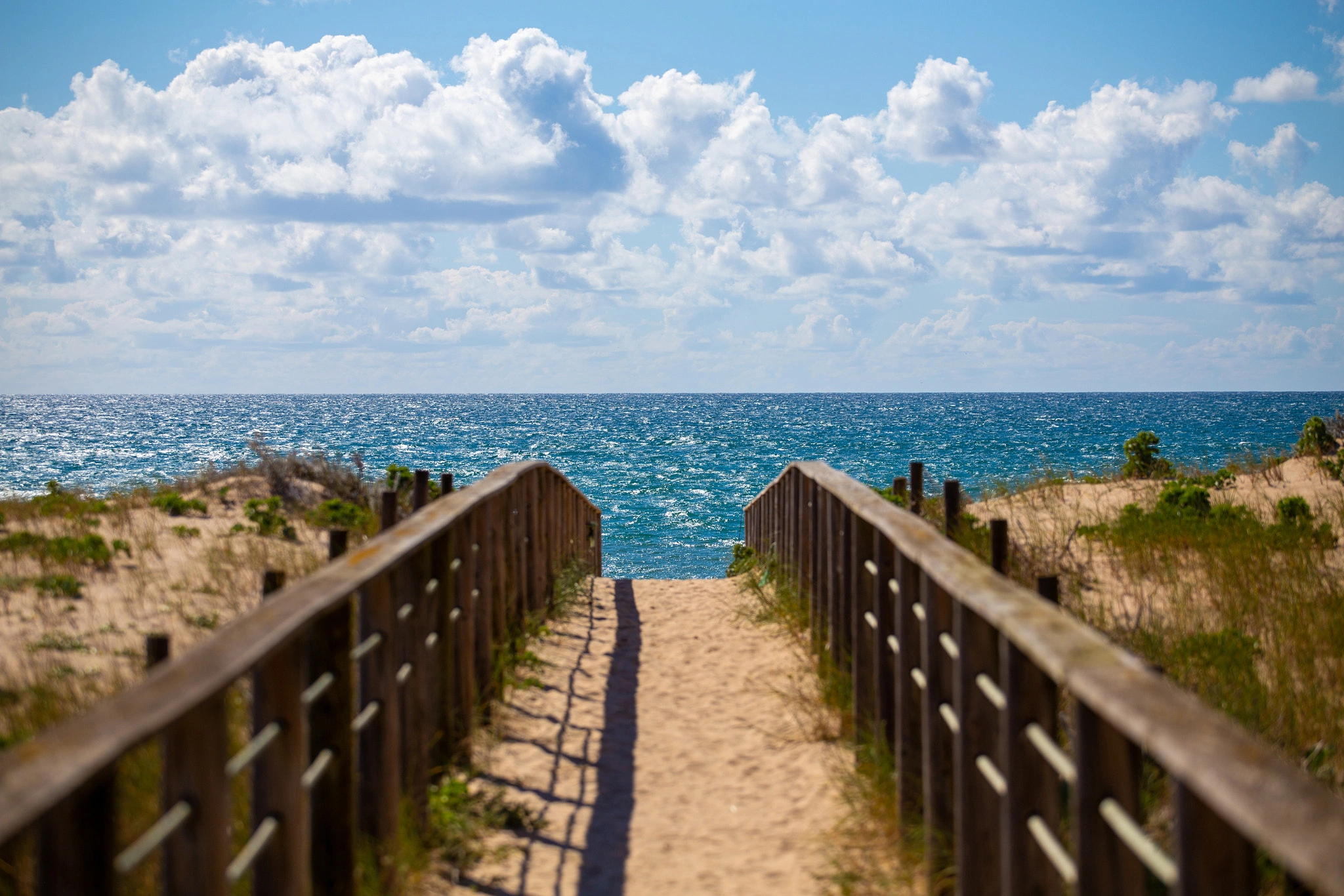 A wooden-fenced sand path leads the eye straight to the open ocean, marram grass on either side, cumulus clouds piling up on a perfect blue summer sky.