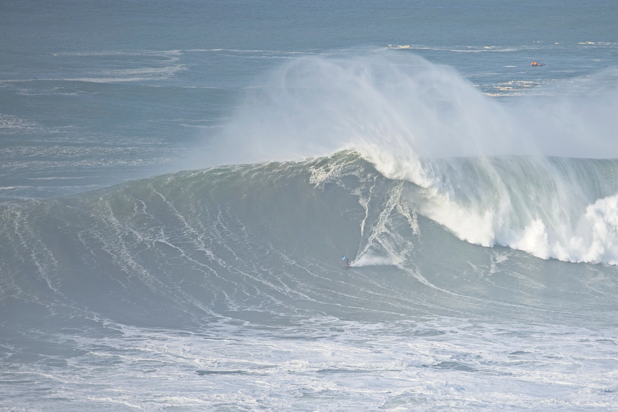 A surfer threads the line beneath the feathering lip of a massive Nazaré wave, the crest already tipping over into spray, reducing them to a tiny speck on the vast grey face.